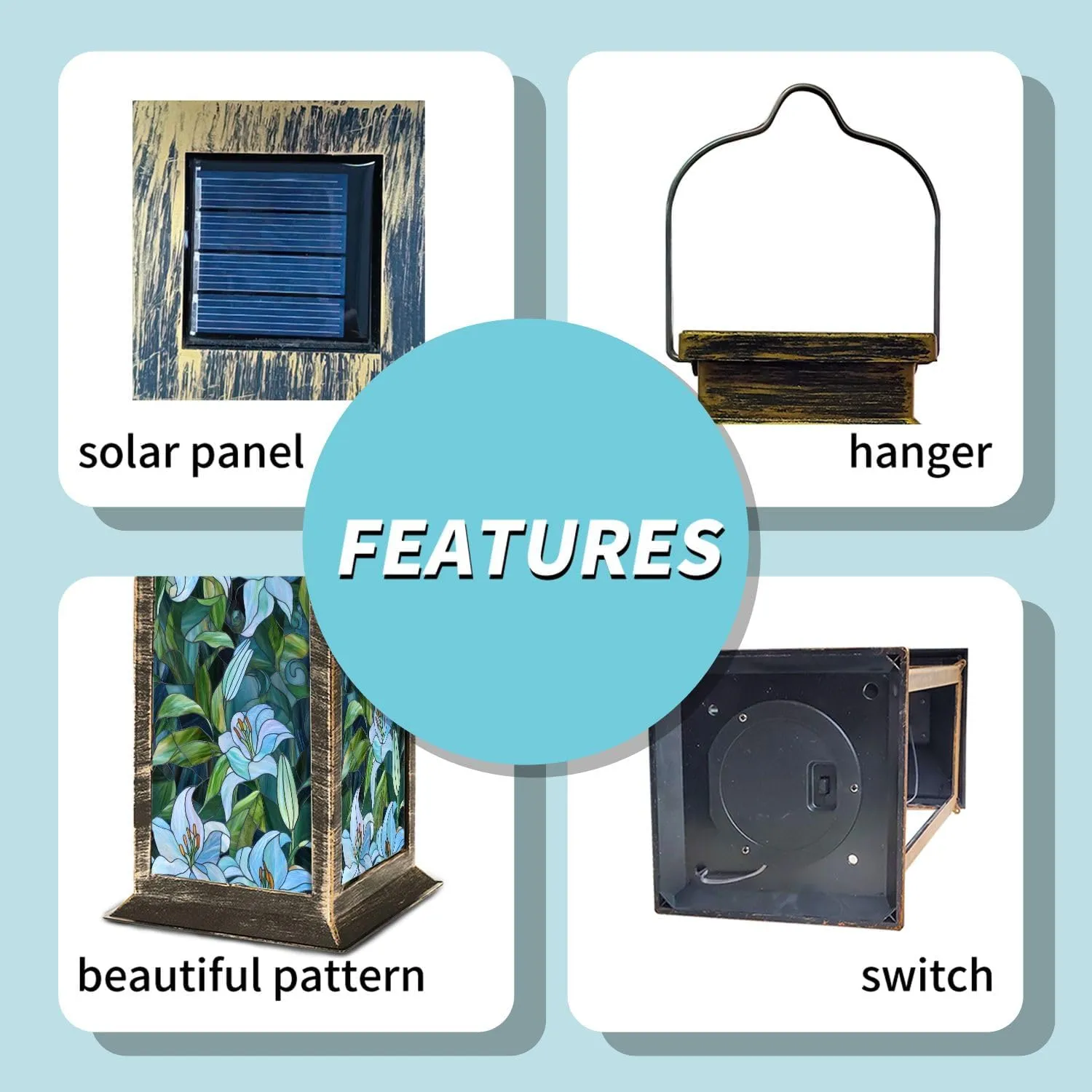 Solar Lantern Stained Glass Mosaic Blue Green Lily Swirling Leaves Outdoor Waterproof Garden Hanging Lantern Solar Powered Lighting Outside Table Lamp for Patio Deck Camping 1 Pack