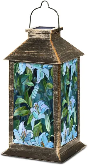 Solar Lantern Stained Glass Mosaic Blue Green Lily Swirling Leaves Outdoor Waterproof Garden Hanging Lantern Solar Powered Lighting Outside Table Lamp for Patio Deck Camping 1 Pack