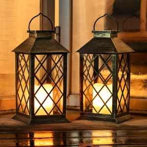 Solar Lanterns Outdoor Waterproof Hanging with Flickering Flameless Candles, 2 Pack Garden Outdoor Lantern Decorative for Patio Front Porch Backyard Balcony Cabin Outside (Bronze)