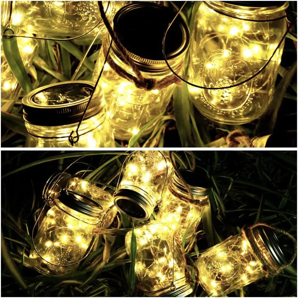 Solar Mason Jar Lights 10 Pack 20 LED Waterproof Outdoor Fairy Firefly String Light Lids with 10 Hangers Rust Resist for Patio Lawn Garden Wedding Lantern Decor No Jars (Warm White)