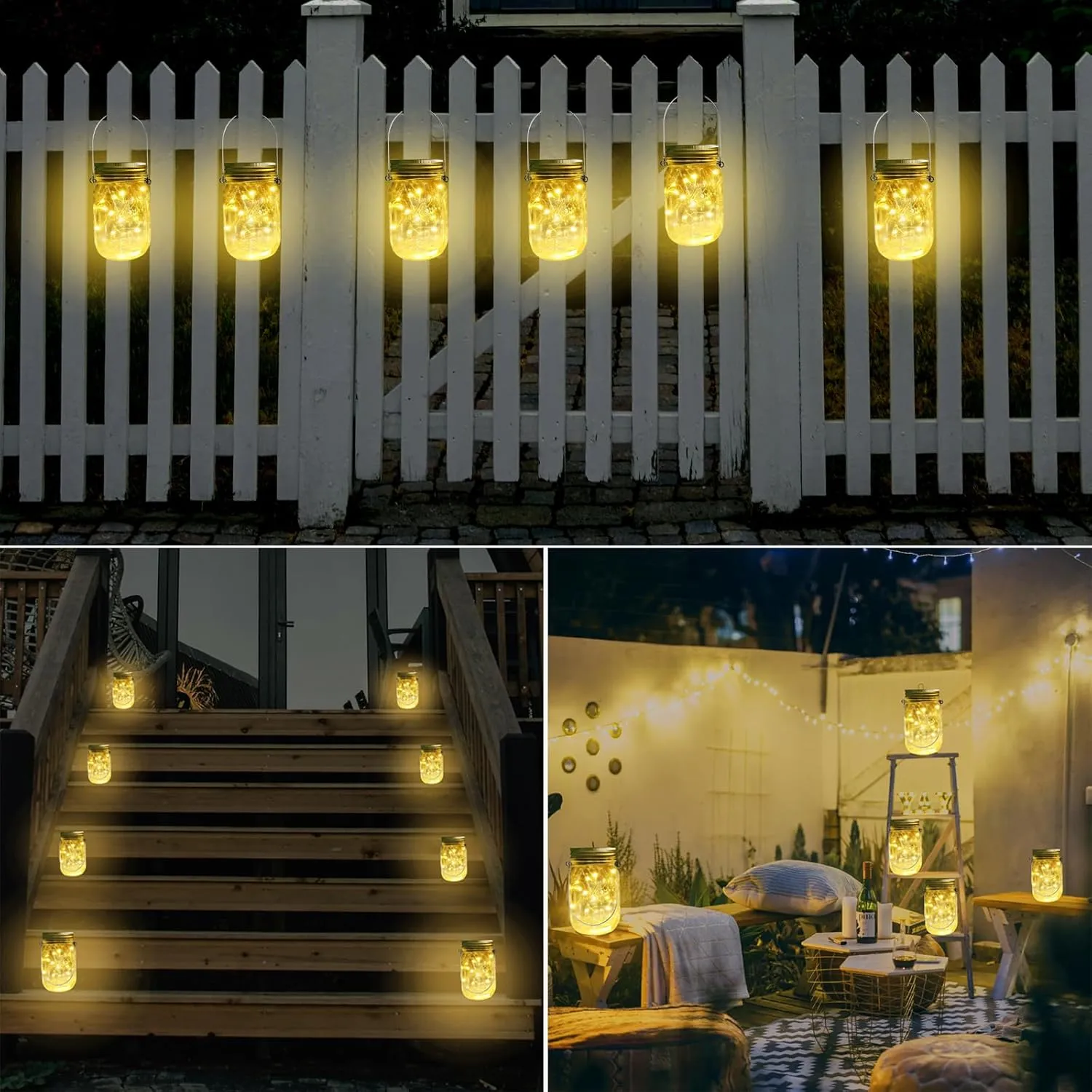 Solar Mason Jar Lights 10 Pack 20 LED Waterproof Outdoor Fairy Firefly String Light Lids with 10 Hangers Rust Resist for Patio Lawn Garden Wedding Lantern Decor No Jars (Warm White)