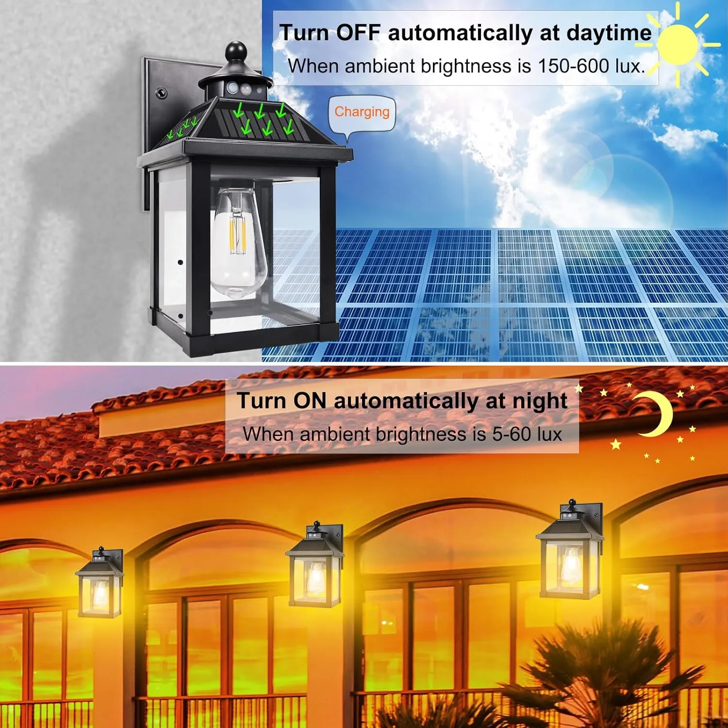 Solar Wall Lights Outdoor: Solar Porch Sconce Light with 3 Lighting Modes & Motion Sensor - Dusk to Dawn Waterproof Lantern Fixture, for Front Door Garage Porch Yard Fence