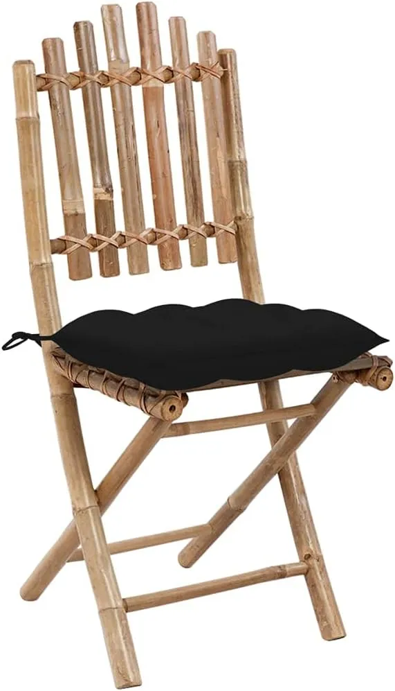 Solid Bamboo Folding Patio Chairs 2 Pack with Black Cushions Outdoor Furniture Foldable for Garden Patio Dining Beach and Camping Comfortable Lounge Seating