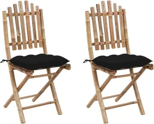 Solid Bamboo Folding Patio Chairs 2 Pack with Black Cushions Outdoor Furniture Foldable for Garden Patio Dining Beach and Camping Comfortable Lounge Seating