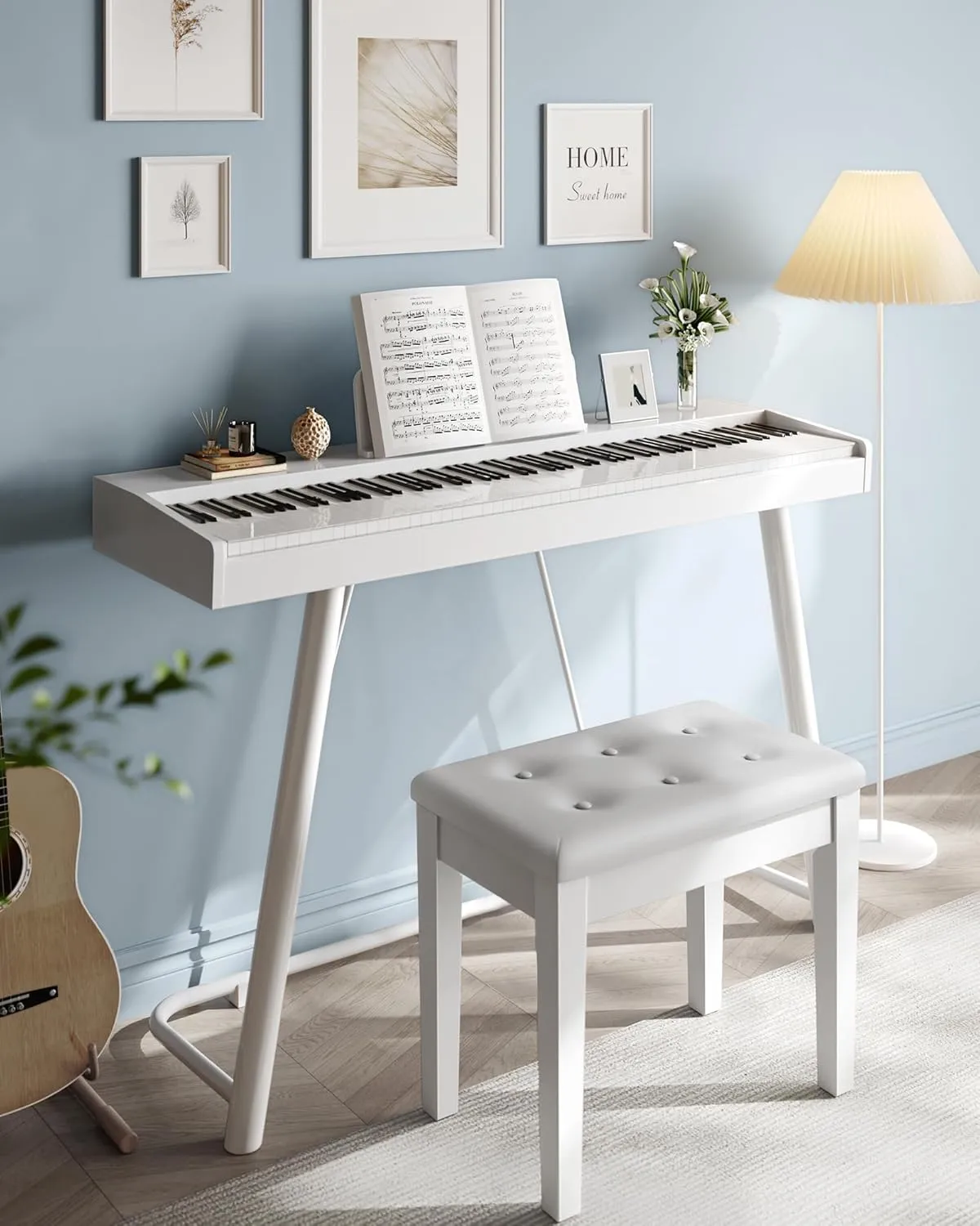 SONGMICS Piano Bench with Padded Cushion and Storage Compartment for Music Books, Vanity Stool, Tufted Wooden Piano Seat, 13.8 x 21.7 x 19.3 Inches, White ULPB55WT