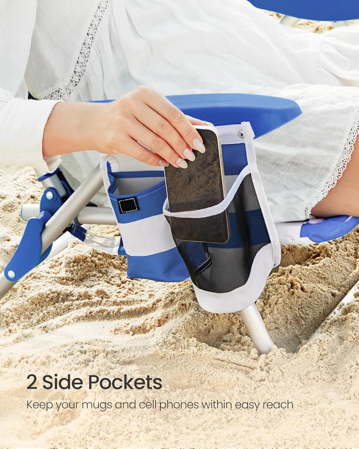 SONGMICS Portable Backpack Beach Chair, 331 lb Capacity, 4 Angles Adjustable Backrest, 2 Side Pockets, Towel Bar, Blue and White UGCB62BU
