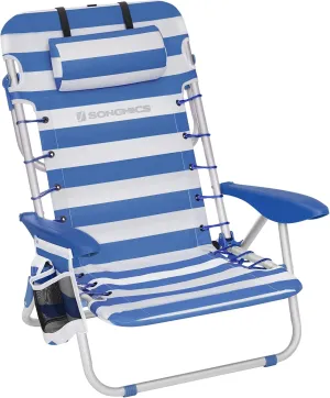 SONGMICS Portable Backpack Beach Chair, 331 lb Capacity, 4 Angles Adjustable Backrest, 2 Side Pockets, Towel Bar, Blue and White UGCB62BU