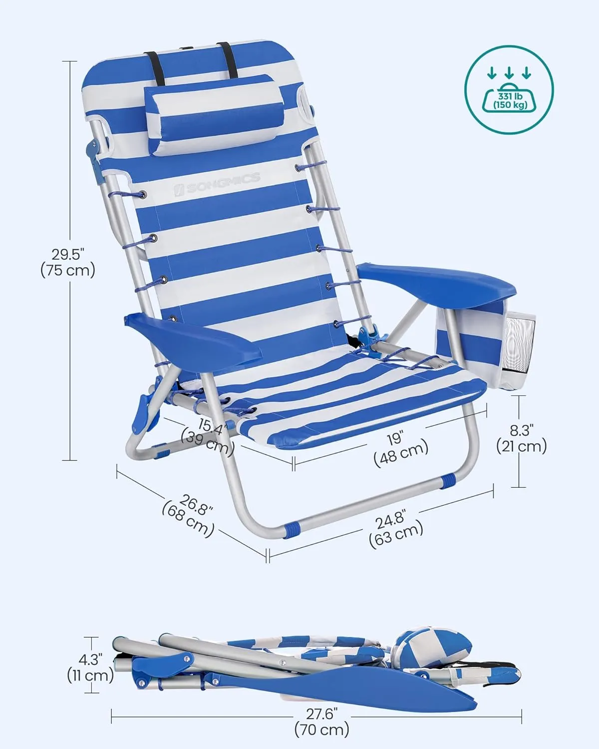 SONGMICS Portable Backpack Beach Chair, 331 lb Capacity, 4 Angles Adjustable Backrest, 2 Side Pockets, Towel Bar, Blue and White UGCB62BU