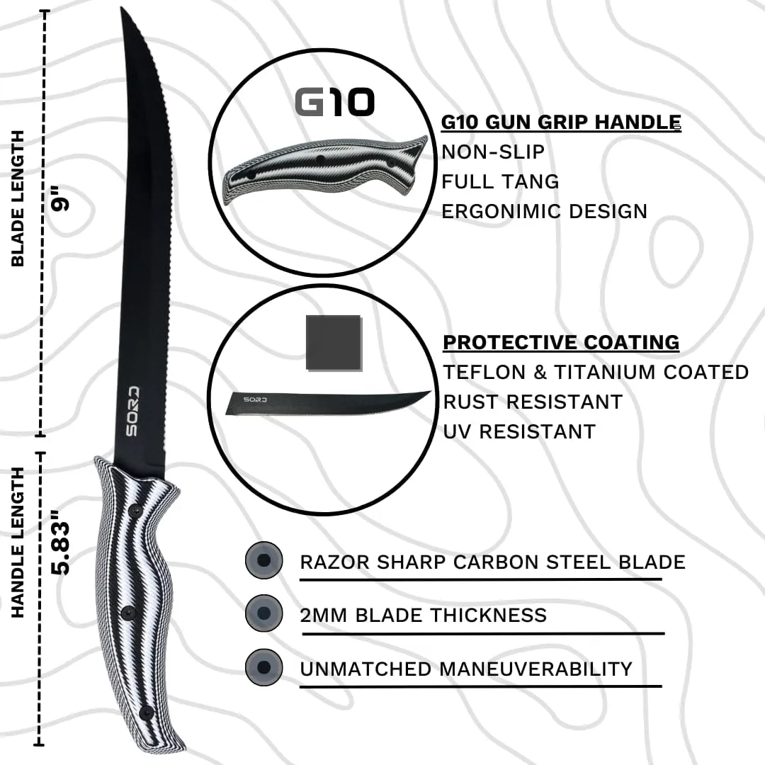 SORD 5-9' Fillet Knife - Fishing & Meat Cutting with Sheath - Razor Sharp Carbon Steel Filet Knife for Cleaning Fish and Skinning - Full Tang G10 Handle | Corrosion Resistant