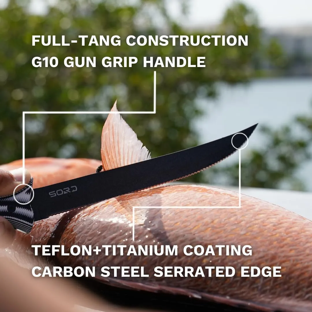 SORD 5-9' Fillet Knife - Fishing & Meat Cutting with Sheath - Razor Sharp Carbon Steel Filet Knife for Cleaning Fish and Skinning - Full Tang G10 Handle | Corrosion Resistant