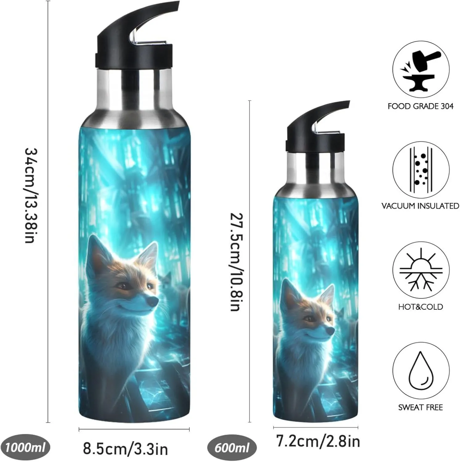 Space Star Art Foxes Sport Water Bottle Insulated Stainless Steel Large Vacuum Flask Leak Proof Thermos with Straw for Travel(600ml/1000ml)