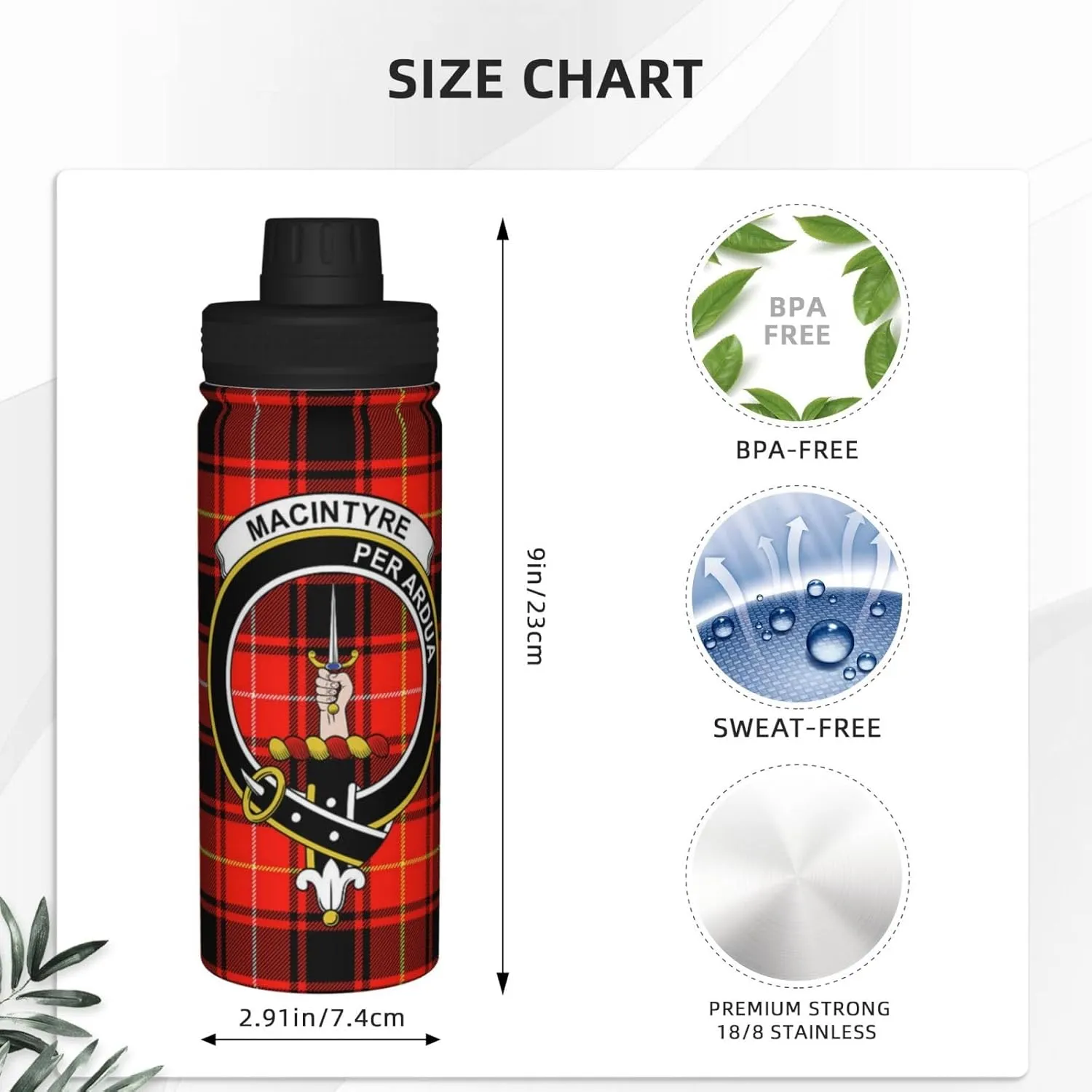 Sports Water Bottle Vacuum Insulated, Macintyre Modern Tartan Clan Badge Stainless Steel Double wall for Gym Travel 18 Oz
