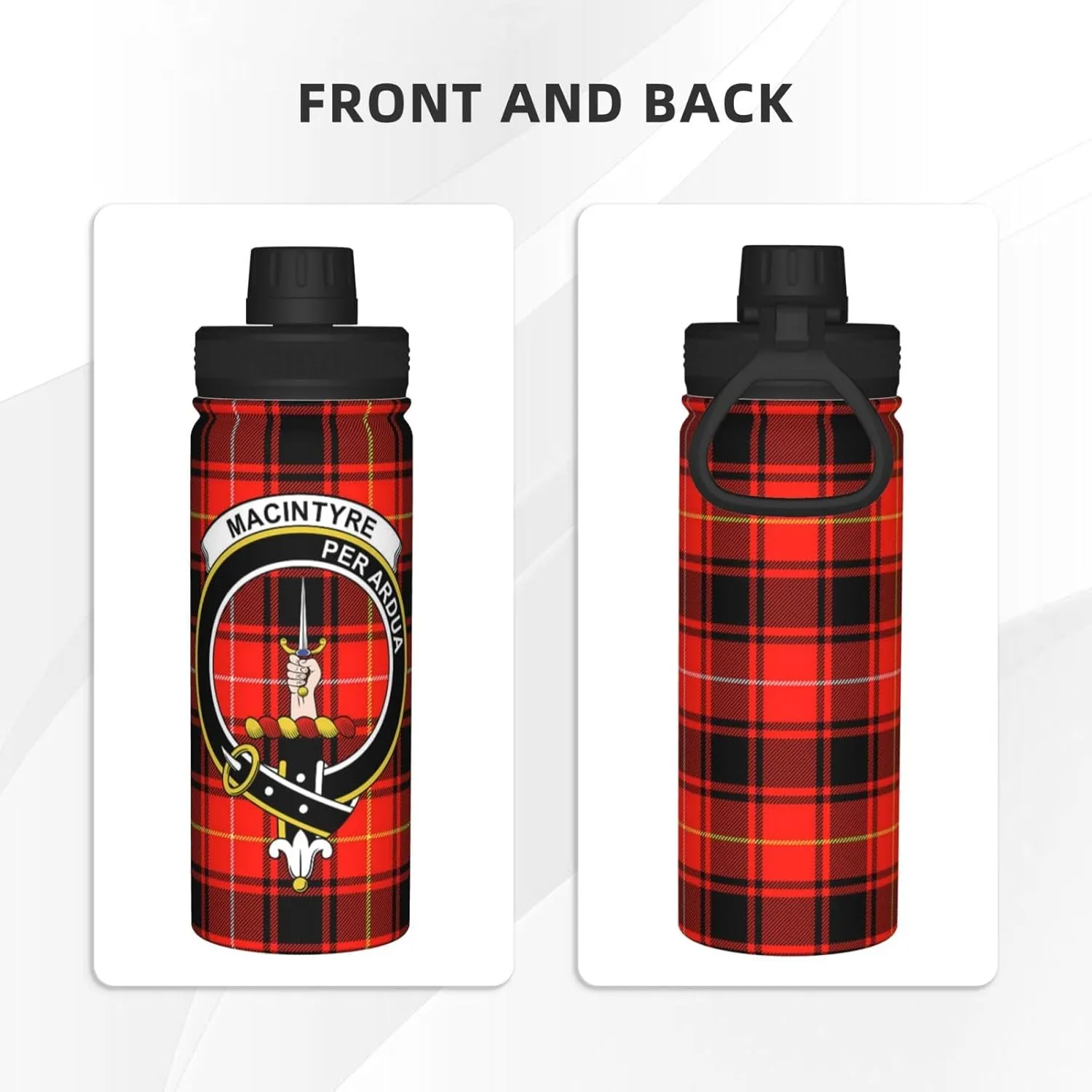 Sports Water Bottle Vacuum Insulated, Macintyre Modern Tartan Clan Badge Stainless Steel Double wall for Gym Travel 18 Oz