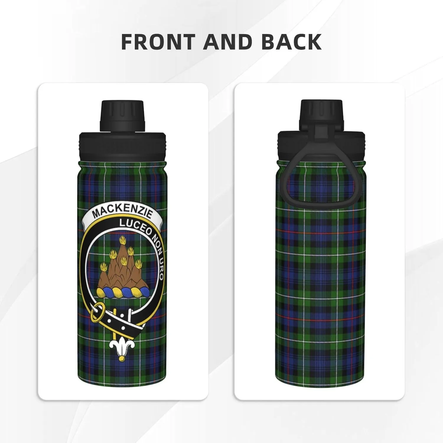Sports Water Bottle Vacuum Insulated, Mackenzie Tartan Clan Badge Stainless Steel Double wall for Gym Travel 18 Oz