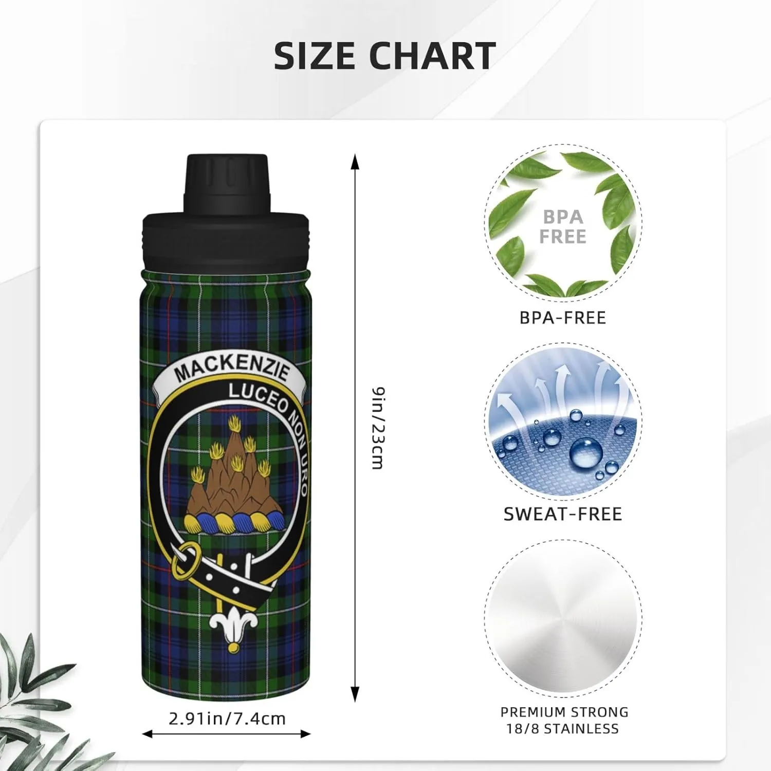 Sports Water Bottle Vacuum Insulated, Mackenzie Tartan Clan Badge Stainless Steel Double wall for Gym Travel 18 Oz