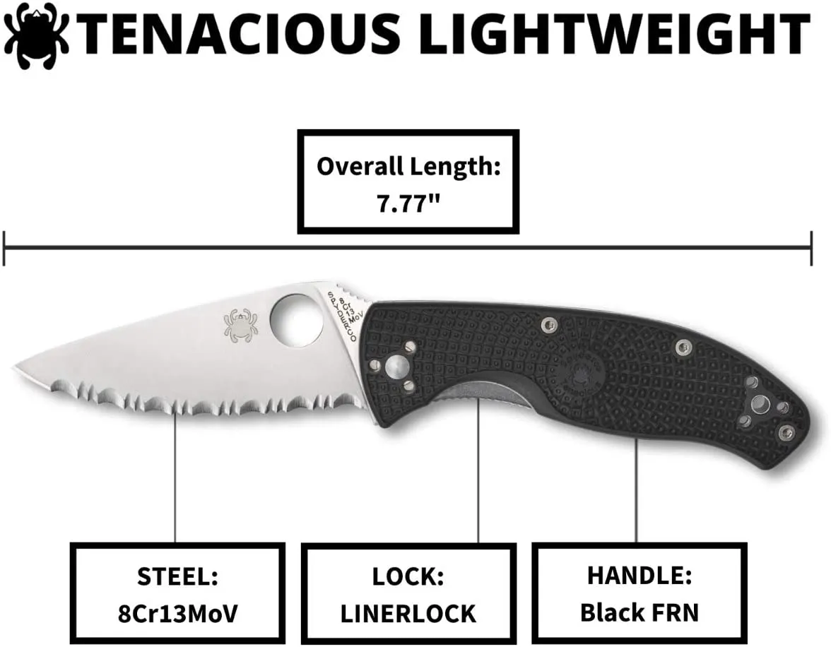 Spyderco C122SBK Tenacious Lightweight Satin Serrated Folding Knife