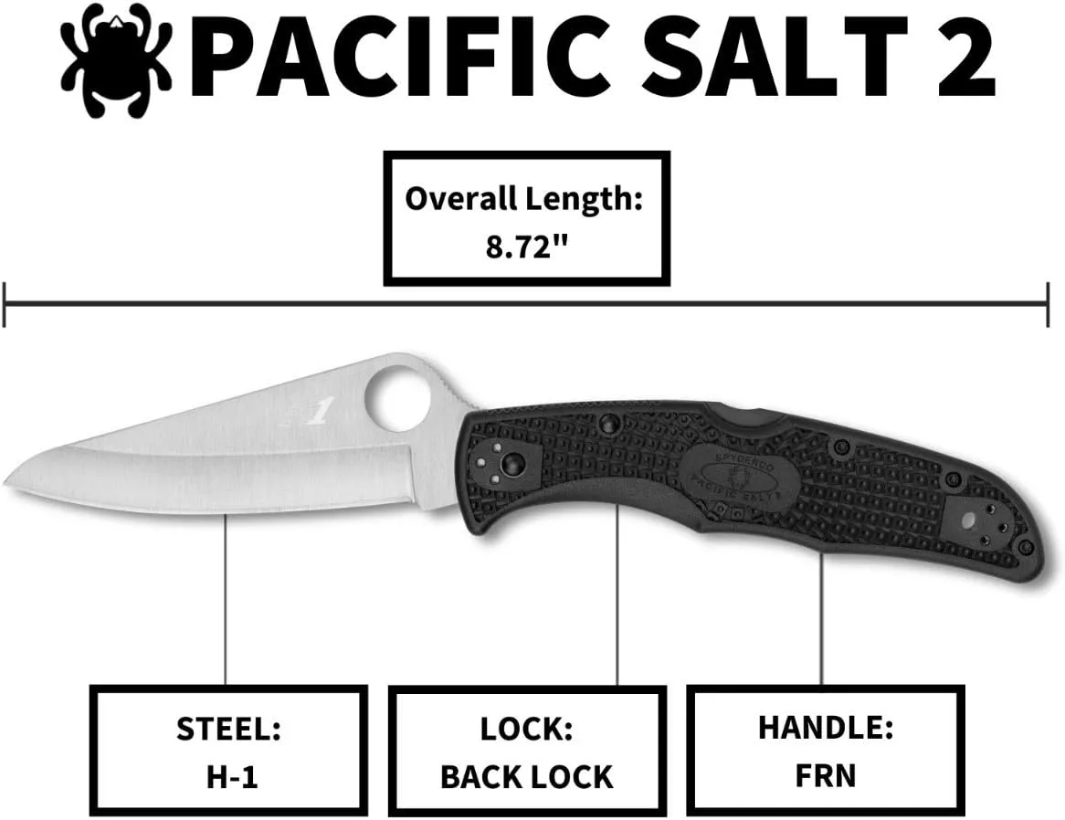 Spyderco Pacific Salt 2 Lightweight Knife with 3.78" Corrosion Resistant H-1 Steel Blade and Black Non-Slip FRN Handle