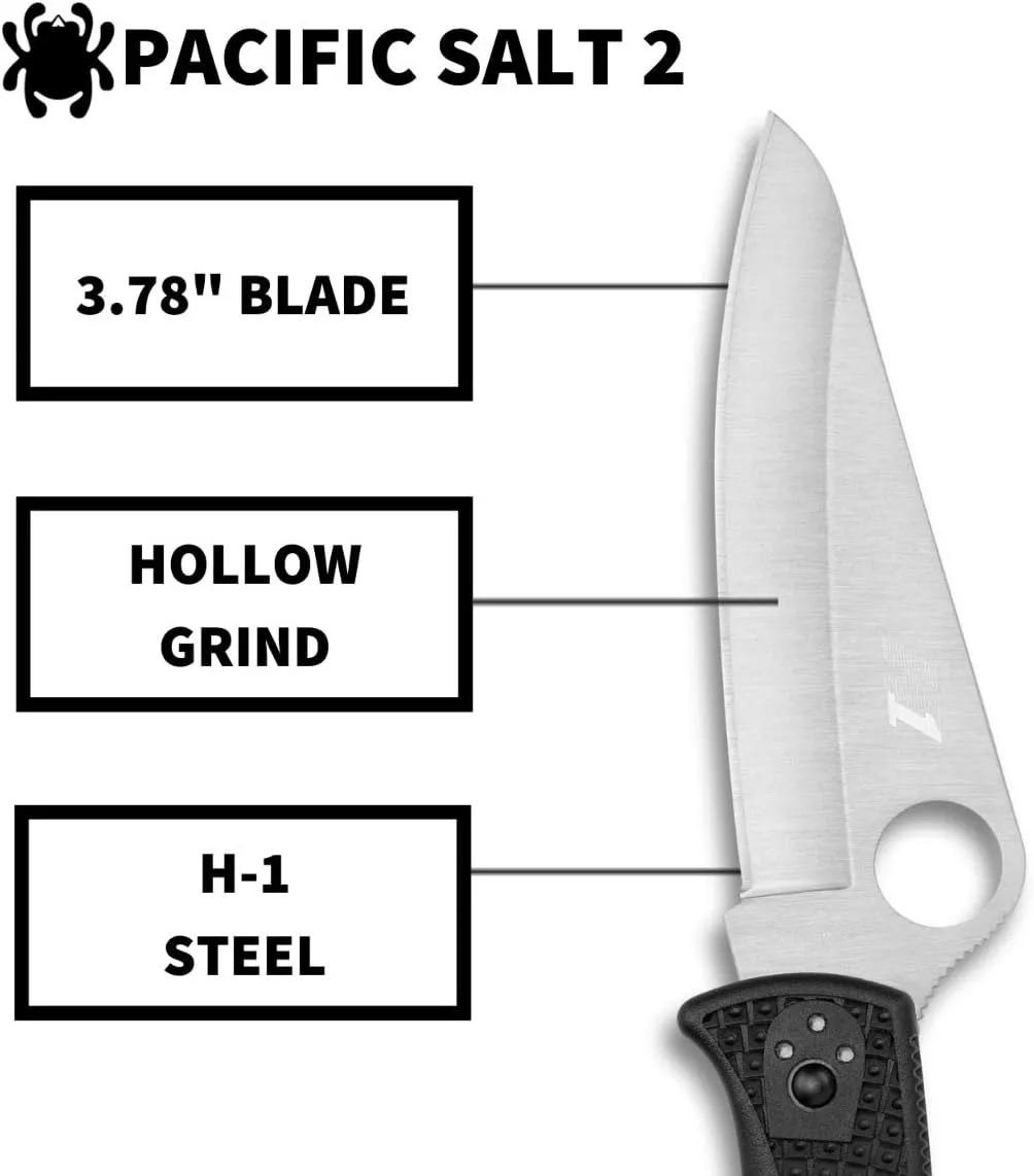 Spyderco Pacific Salt 2 Lightweight Knife with 3.78" Corrosion Resistant H-1 Steel Blade and Black Non-Slip FRN Handle