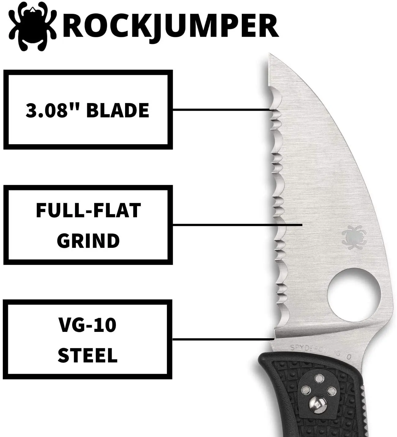 Spyderco RockJumper Lightweight SerratedEdge Folding Knife with 3.08" VG-10 Steel Wharncliffe Blade and Black Handle (C254SBK)