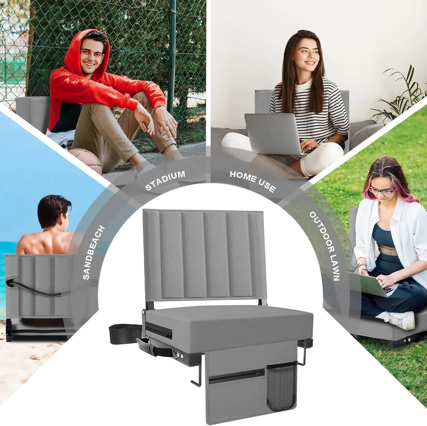 Stadium Seat for Bleachers with Back Support and Cushion, Bleacher Seats with Shoulder Strap and Cup Holder, Padded Portable Folding Comfort Stadium Chair, for Sports Events, Grey (1pcs)