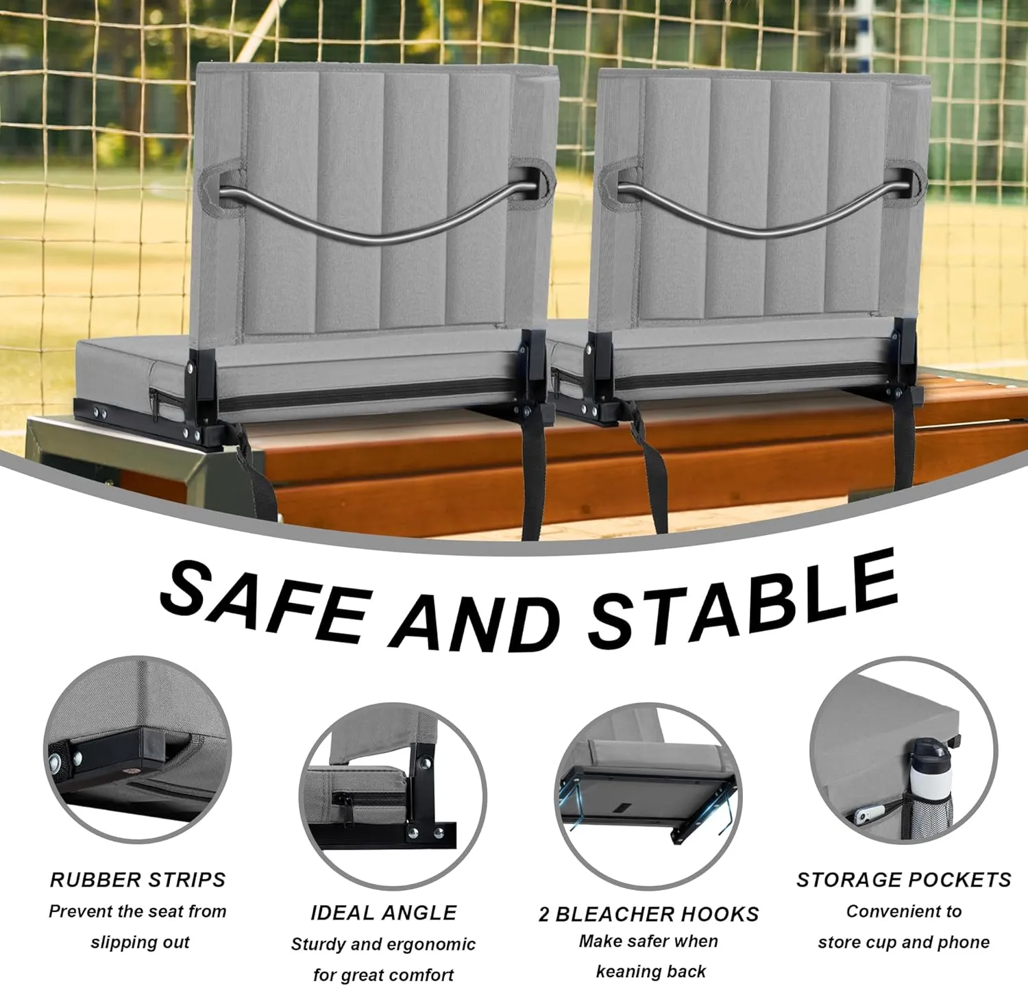 Stadium Seat for Bleachers with Back Support and Cushion, Bleacher Seats with Shoulder Strap and Cup Holder, Padded Portable Folding Comfort Stadium Chair, for Sports Events, Grey (1pcs)