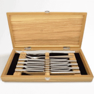 Stainless 10pc Steak Knife & Carving Set in Olivewood Chest