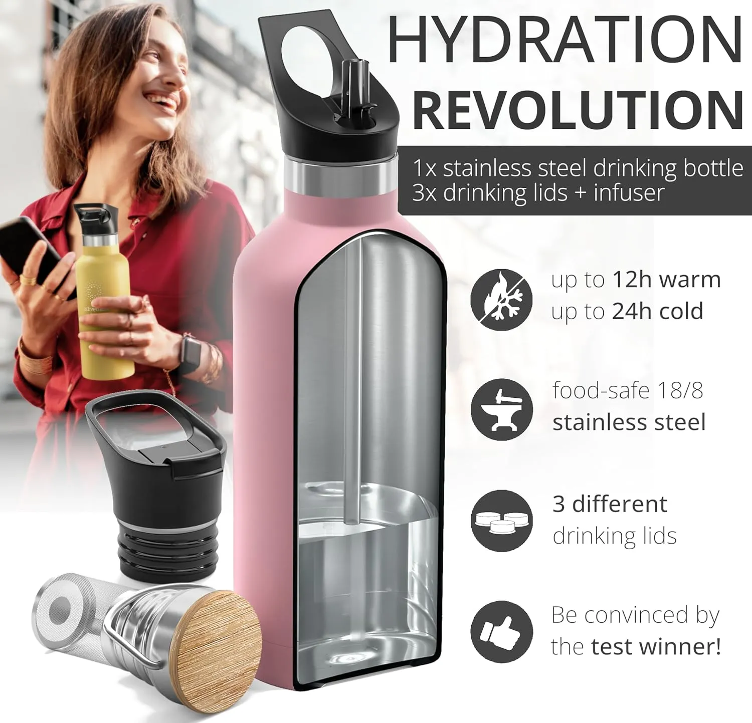 Stainless Steel Water Bottle with Straw, Infuser & 3 Lids: 18/32 OZ Leak-Proof Vacuum Insulated ACTIVE FLASK Drinking Bottles Hot Cold: Double Walled Outdoor Drink Thermo Mug Tea Coffee Sport Gym Bike
