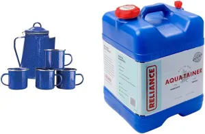 Stansport 11230 Enamel 8-Cup Percolator, 4-Mug Set & Reliance 7-Gallon Rectangular Water Container