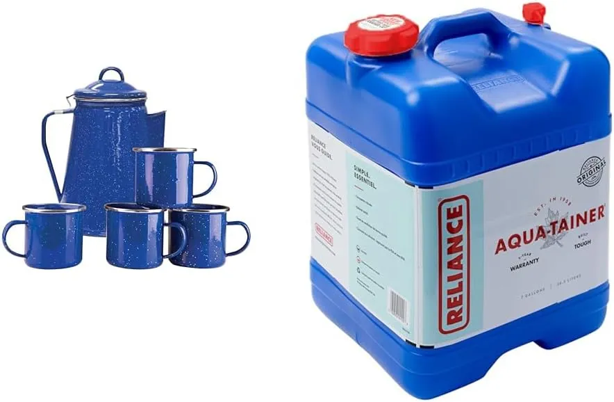 Stansport 11230 Enamel 8-Cup Percolator, 4-Mug Set & Reliance 7-Gallon Rectangular Water Container