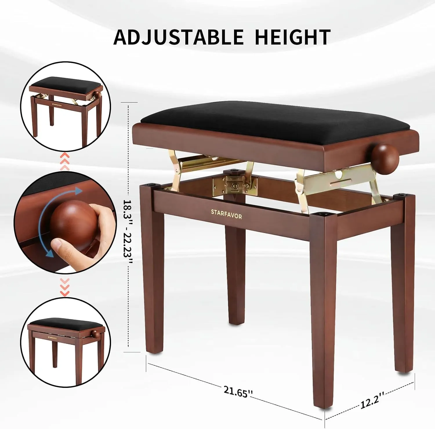 Starfavor Piano Bench Adjustable, Keyboard Chair Wooden Piano Stool Padded Seat Cushion, Brown, SPB-480N