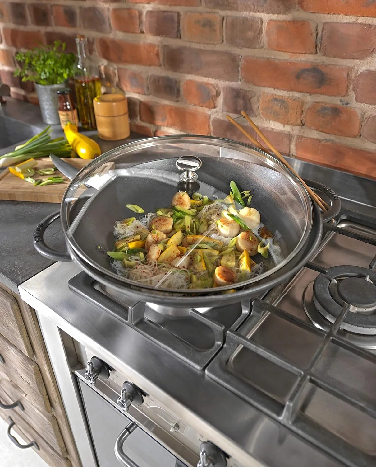 staub 40509-336 Wok 14.6 inches (37 cm) Gray Large Two-Handed Chinese Enameled Pot, Induction Compatible, With Glass Lid and Tempura Grill