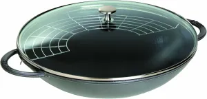 staub 40509-336 Wok 14.6 inches (37 cm) Gray Large Two-Handed Chinese Enameled Pot, Induction Compatible, With Glass Lid and Tempura Grill
