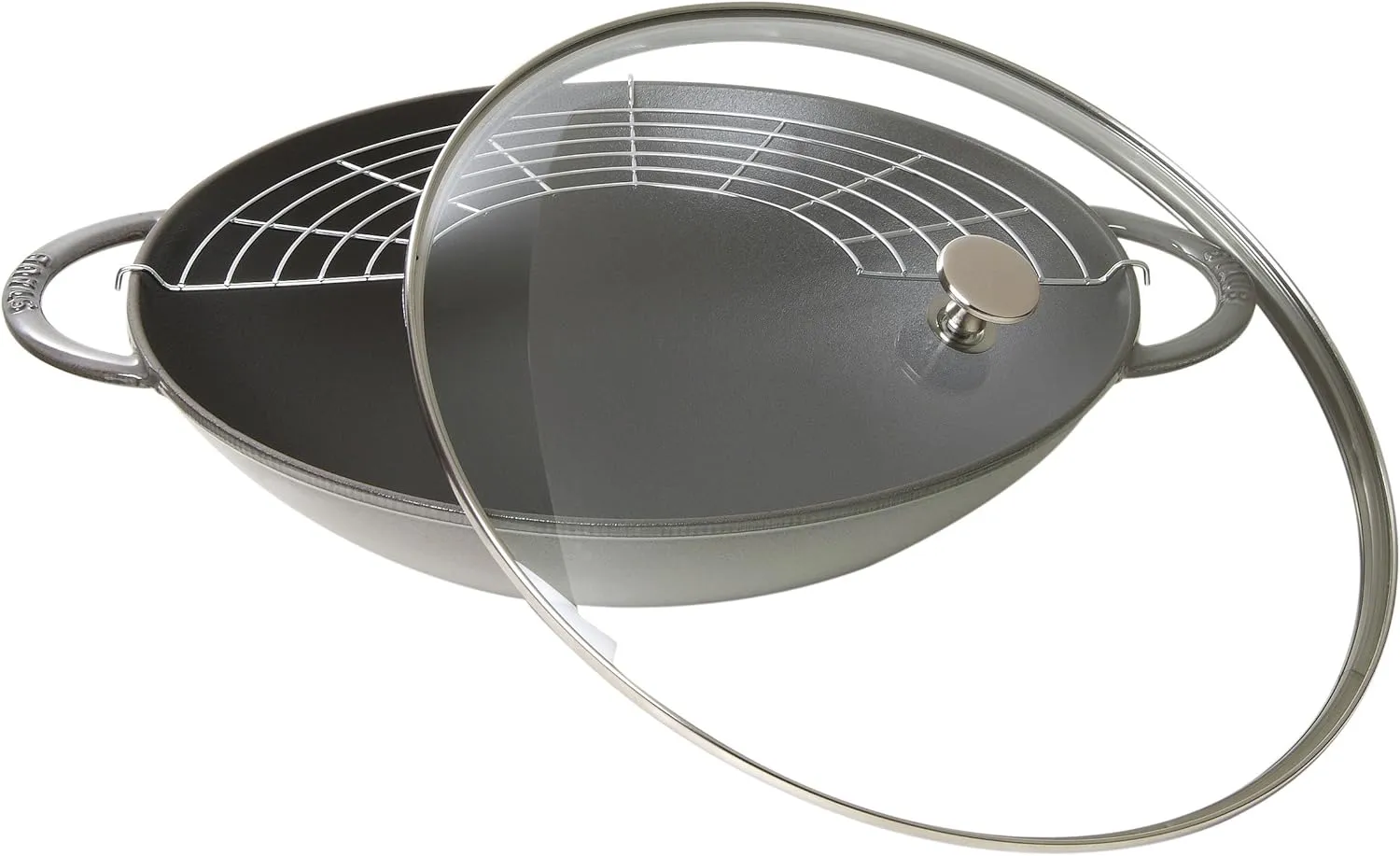 staub 40509-336 Wok 14.6 inches (37 cm) Gray Large Two-Handed Chinese Enameled Pot, Induction Compatible, With Glass Lid and Tempura Grill