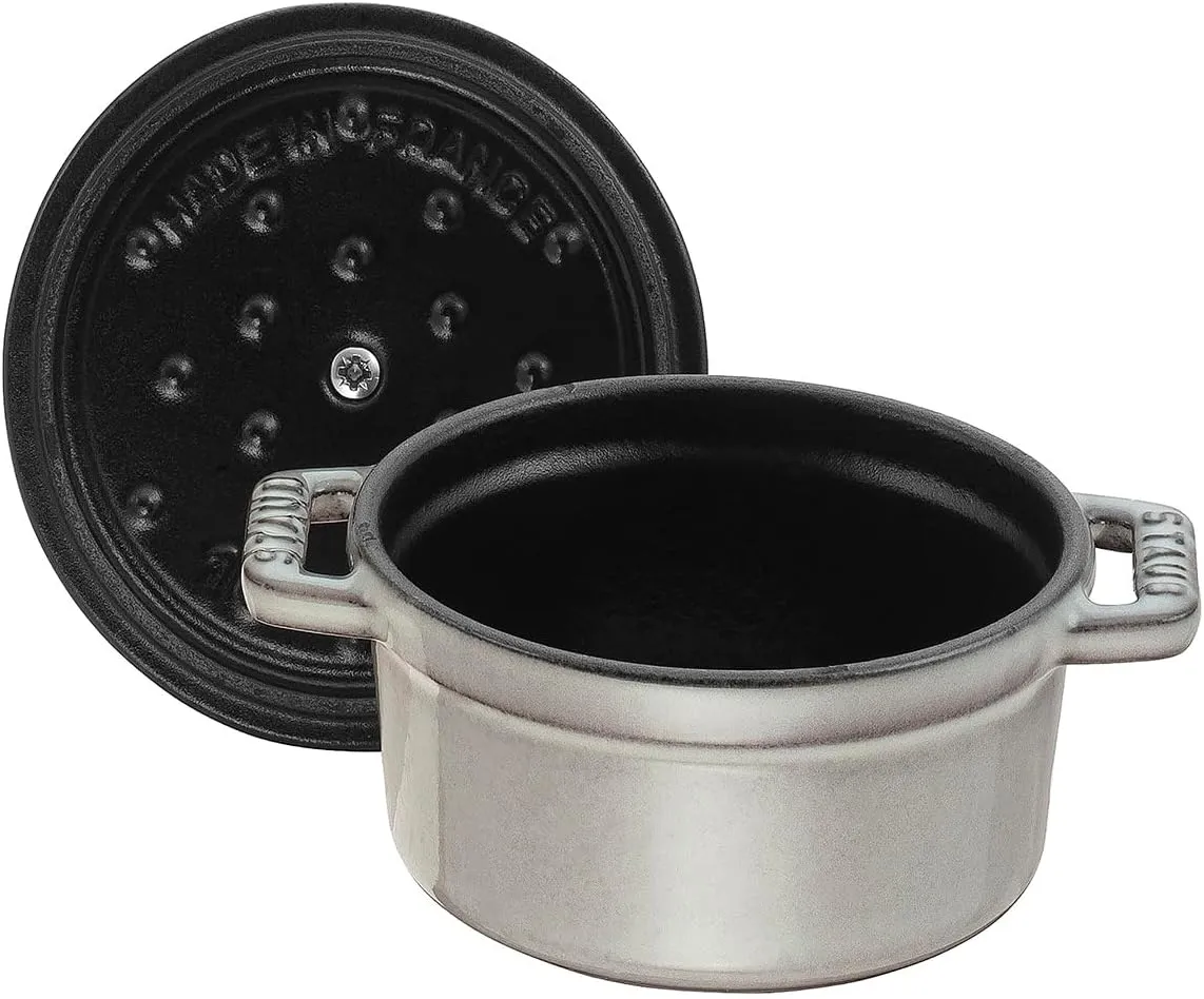 staub La Cocotte Round 40509-474 Mini Pico Cocotte Round Gray 40509-474 Small Two-Handed Cast Enameled Pot, Induction Compatible