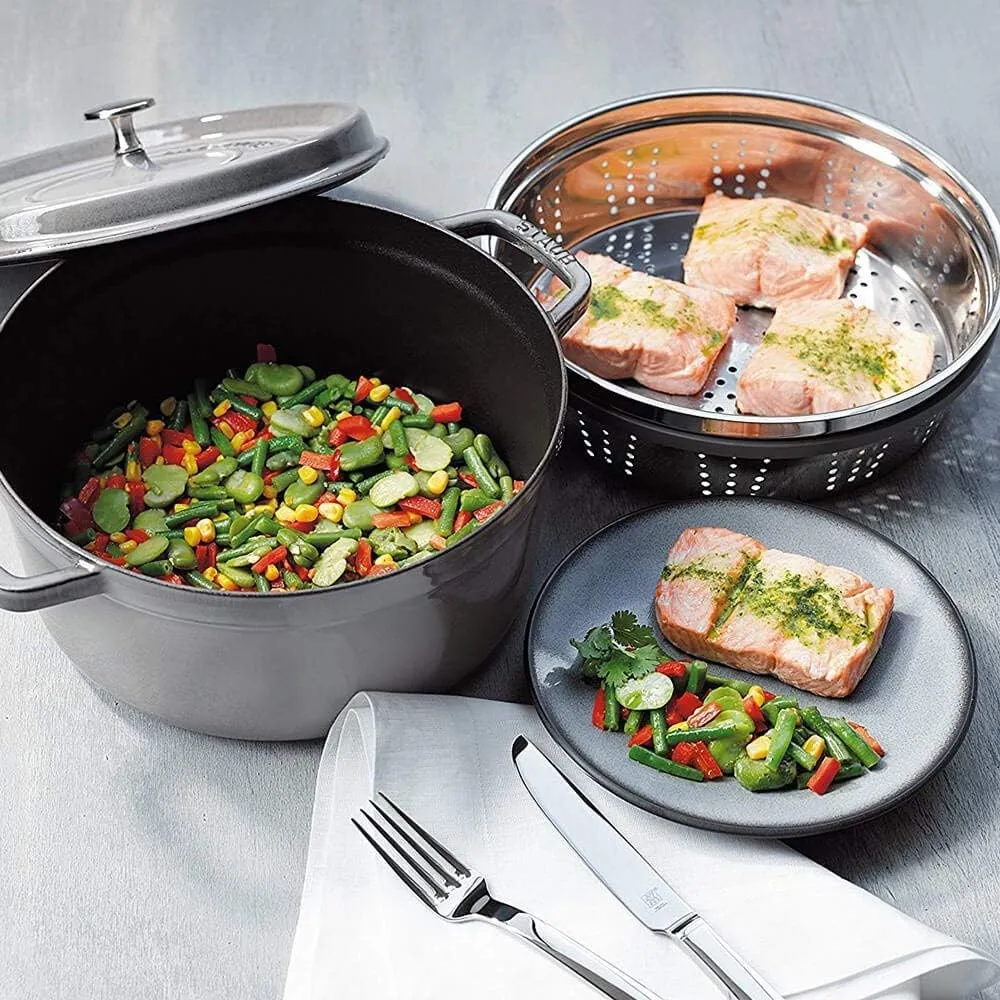 staub La Cocotte Round 40510-601 Pico Cocotte Round Cherry 10.2 inches (26 cm) Steamer Set, Large, Two-Handed Casting, Enameled Pot, Steamer, Induction Compatible