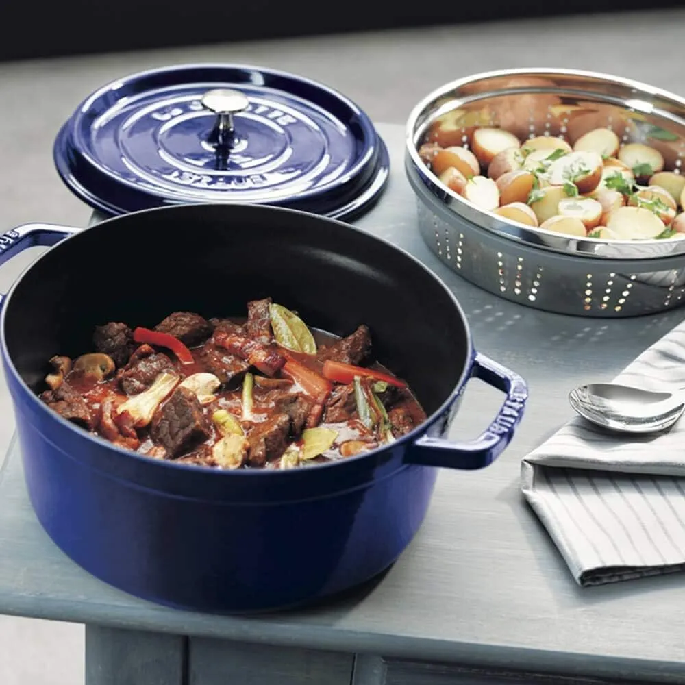 staub La Cocotte Round 40510-601 Pico Cocotte Round Cherry 10.2 inches (26 cm) Steamer Set, Large, Two-Handed Casting, Enameled Pot, Steamer, Induction Compatible