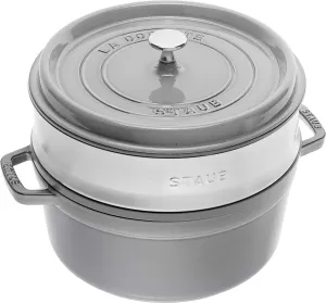 Staub La Cocotte Round 40510-605 Pico Cocotte Round Gray, 10.2 inches (26 cm) Steamer Set, Large, Both Handed Castings, Enameled Pot, Induction Compatible