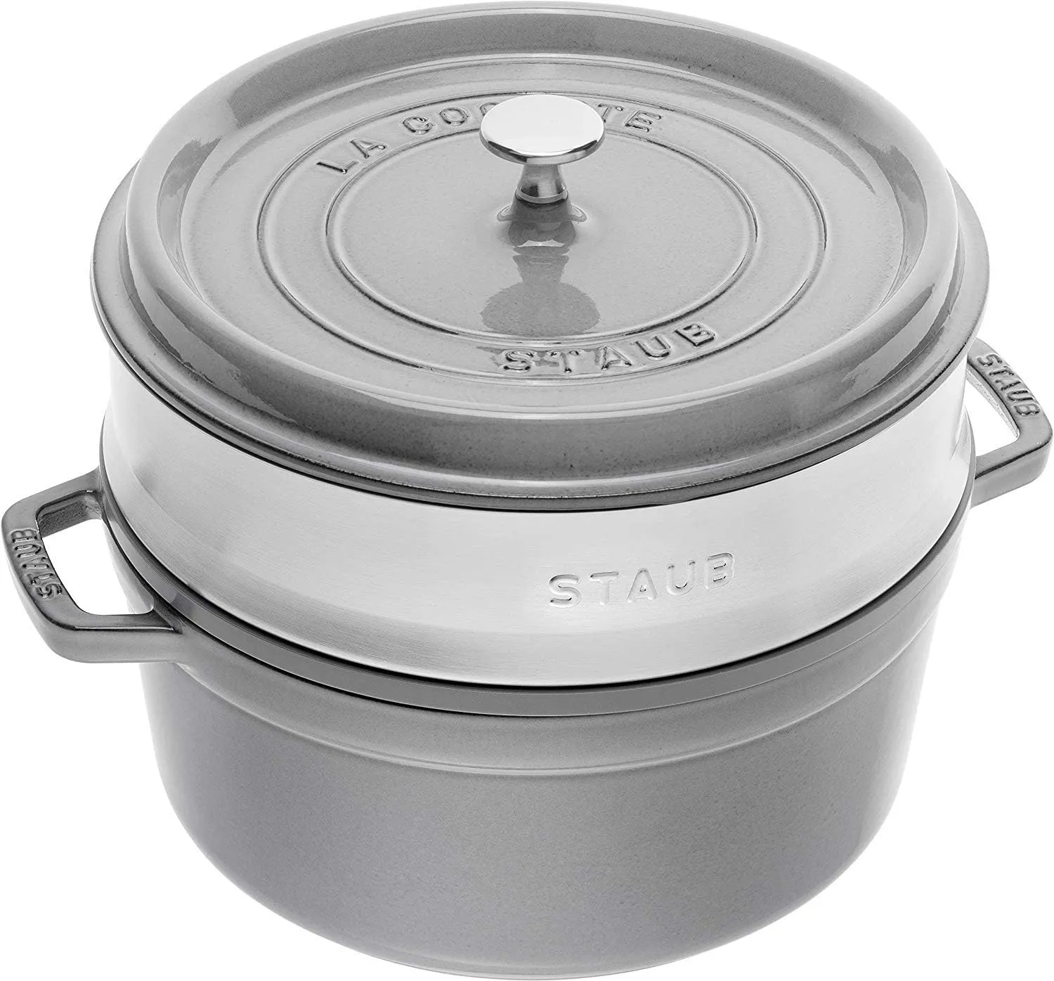 Staub La Cocotte Round 40510-605 Pico Cocotte Round Gray, 10.2 inches (26 cm) Steamer Set, Large, Both Handed Castings, Enameled Pot, Induction Compatible