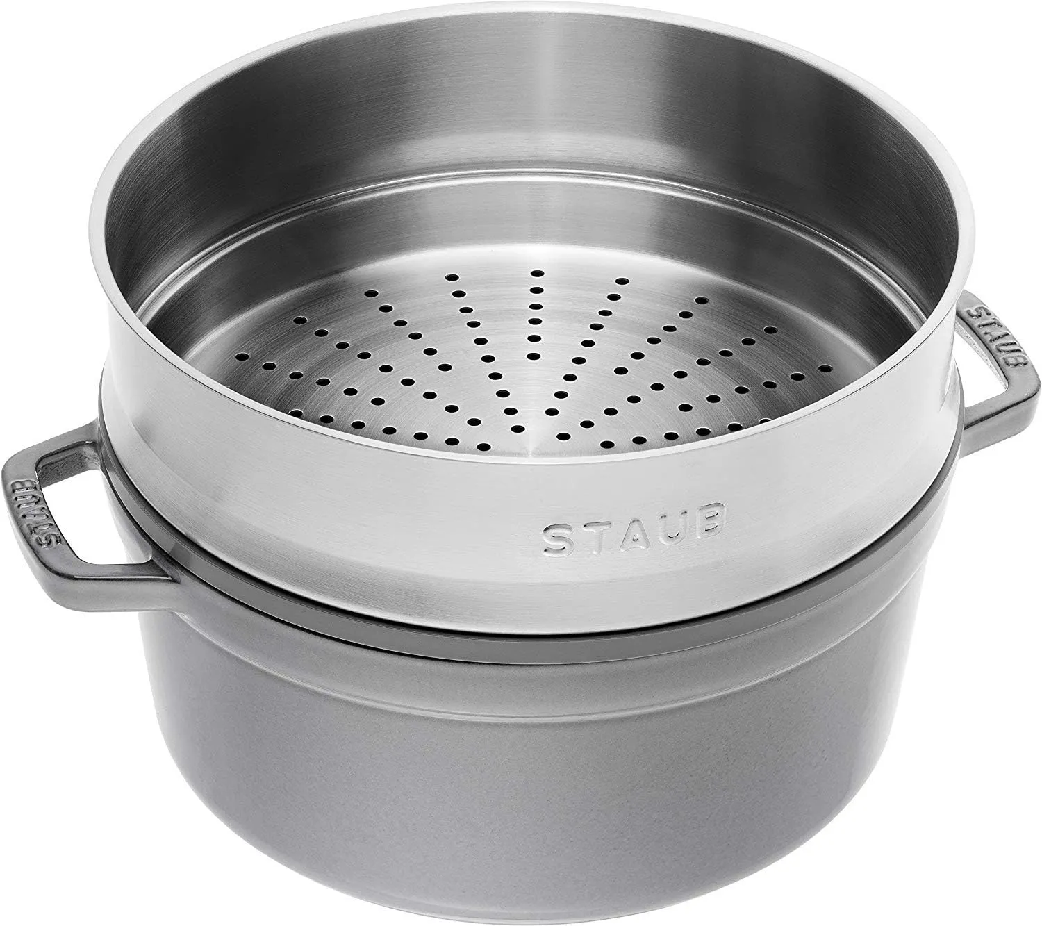 Staub La Cocotte Round 40510-605 Pico Cocotte Round Gray, 10.2 inches (26 cm) Steamer Set, Large, Both Handed Castings, Enameled Pot, Induction Compatible