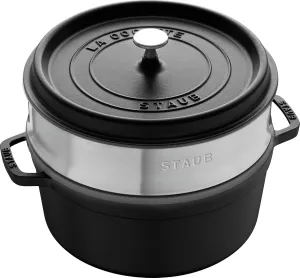 staub La Cocotte Round 40510-606 Pico Cocotte Round Black 10.2 inches (26 cm) Steamer Set, Large, Two-Handed Casting, Enameled Pot, Steamer, Induction Compatible