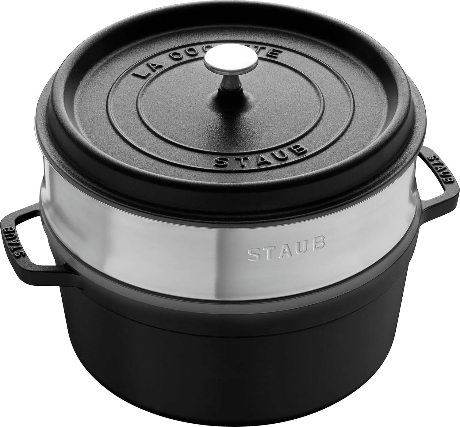 staub La Cocotte Round 40510-606 Pico Cocotte Round Black 10.2 inches (26 cm) Steamer Set, Large, Two-Handed Casting, Enameled Pot, Steamer, Induction Compatible