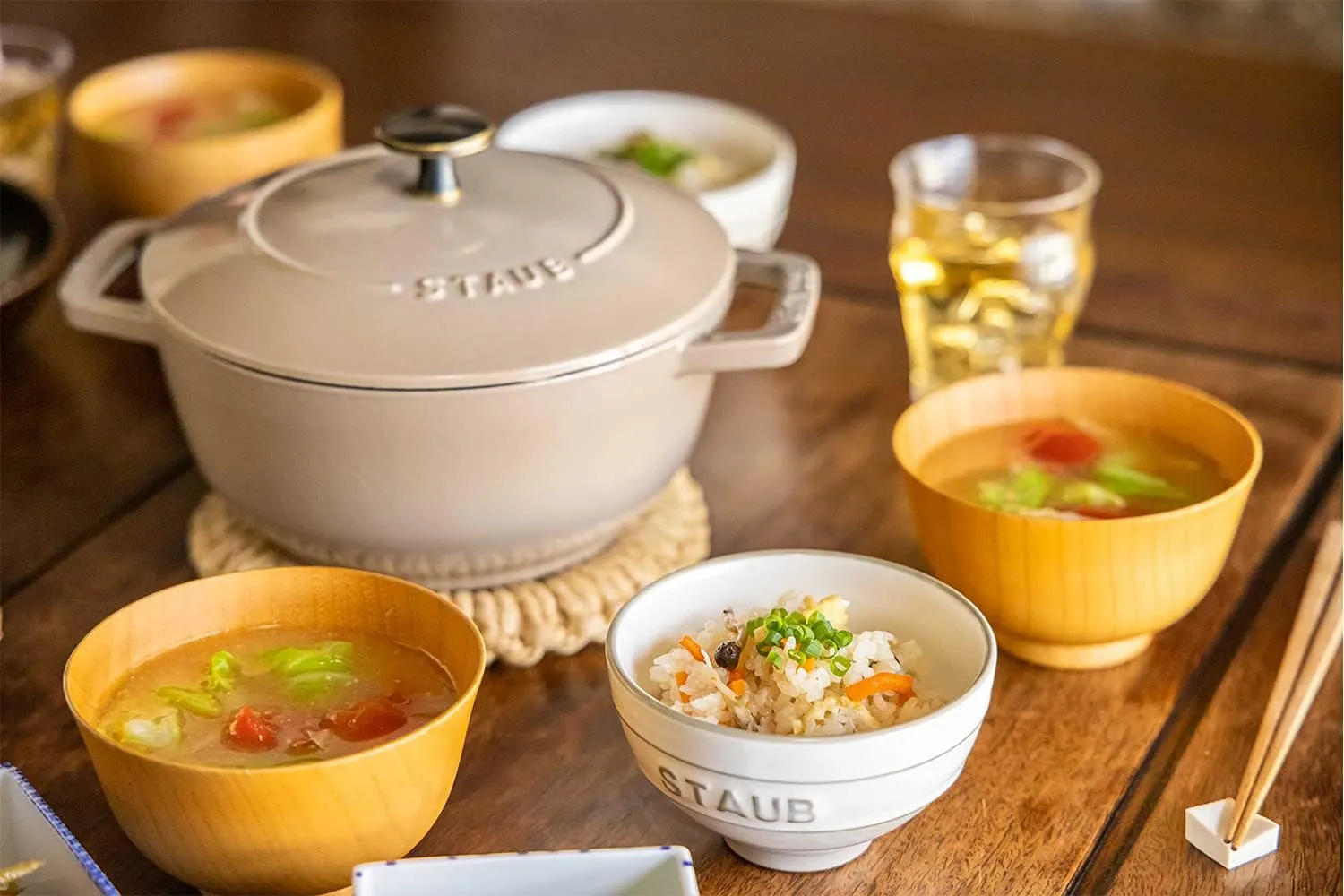 staub Wa-NABE 40501-014 Linen M, Vintage Knob Specifications, Both Hands, Enameled Pot, Rice Cooking, 2 Pieces, Induction Compatible
