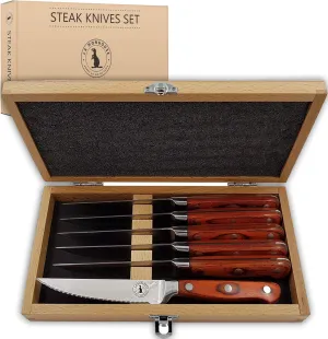 Steak Knife Set in Gift Box 6 Full Tang High Carbon Stainless Steel Micro Serrated Knives Classic Dark Brown Ergonomic Pakkawood Handles Luxury Beech Wood Case Premium Deluxe Birthday Gift Idea