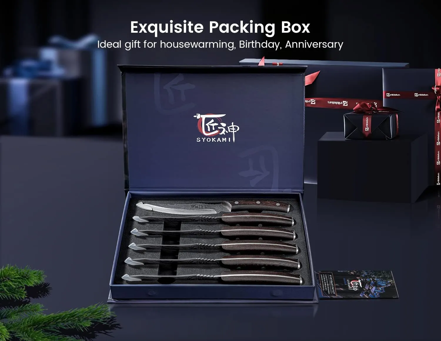 Steak Knives Set of 6, 4.8 Inch High-Carbon Japanese Stainless Steel Non-serrated Steak Knife with Wood Handle, Damascus Pattern Full Tang Design, Razor-Sharp Dinner Knives with Gift Box