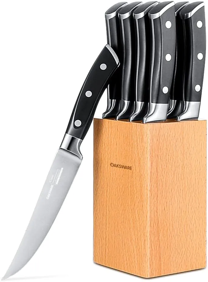 Steak Knives Set of 8, 5 Inch Non Serrated Steak Knife with Beech Block, Razor-Sharp German Stainless Steel Dinner Knives, Durable Full Tang Forged Straight Edge Meat Knife for Home Dining&Gift