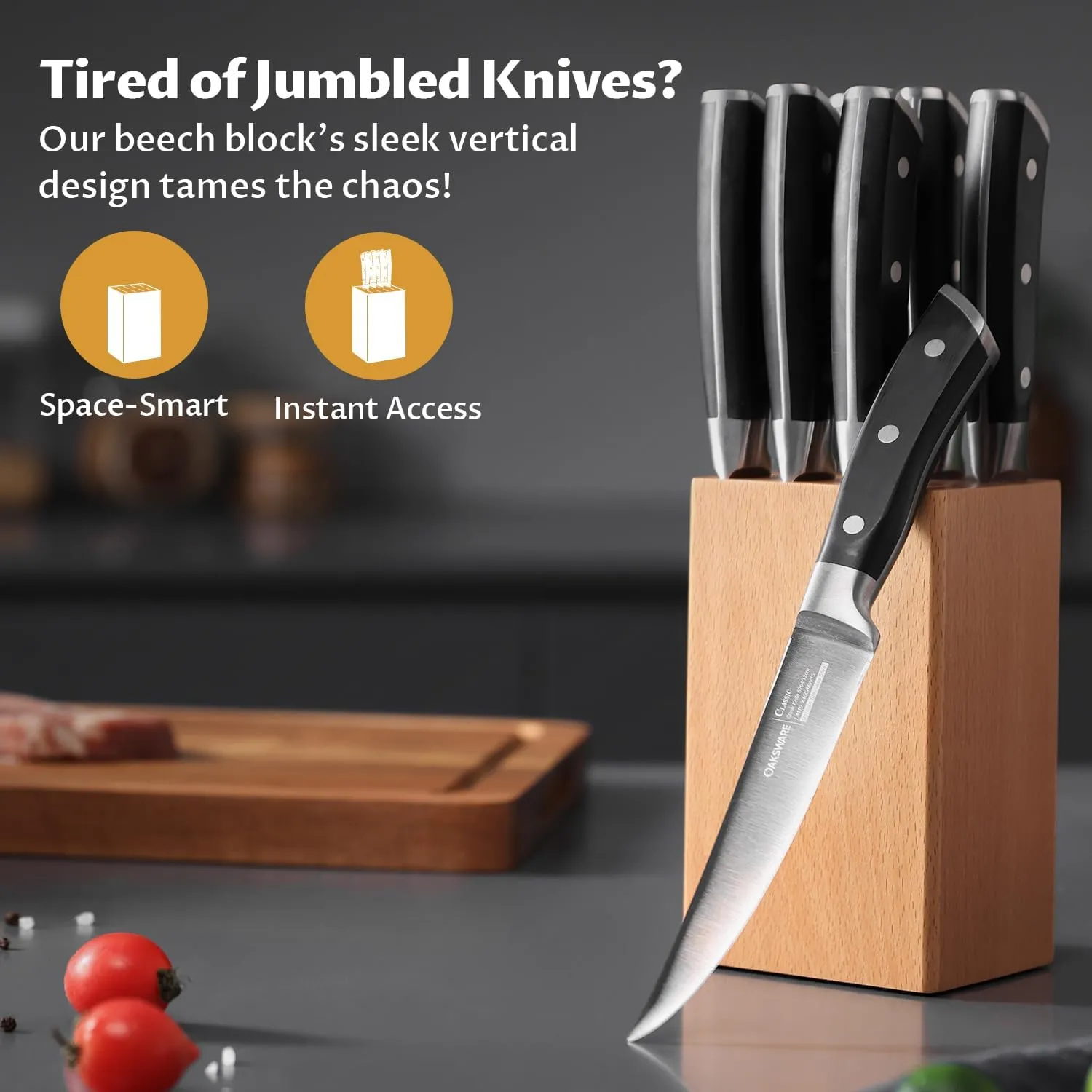 Steak Knives Set of 8, 5 Inch Non Serrated Steak Knife with Beech Block, Razor-Sharp German Stainless Steel Dinner Knives, Durable Full Tang Forged Straight Edge Meat Knife for Home Dining&Gift
