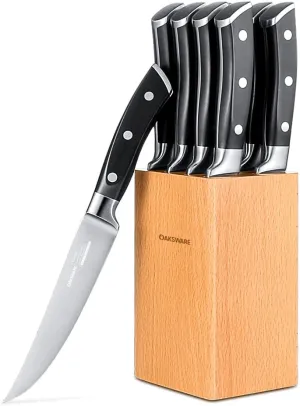 Steak Knives Set of 8, 5 Inch Non Serrated Steak Knife with Beech Block, Razor-Sharp German Stainless Steel Dinner Knives, Durable Full Tang Forged Straight Edge Meat Knife for Home Dining&Gift