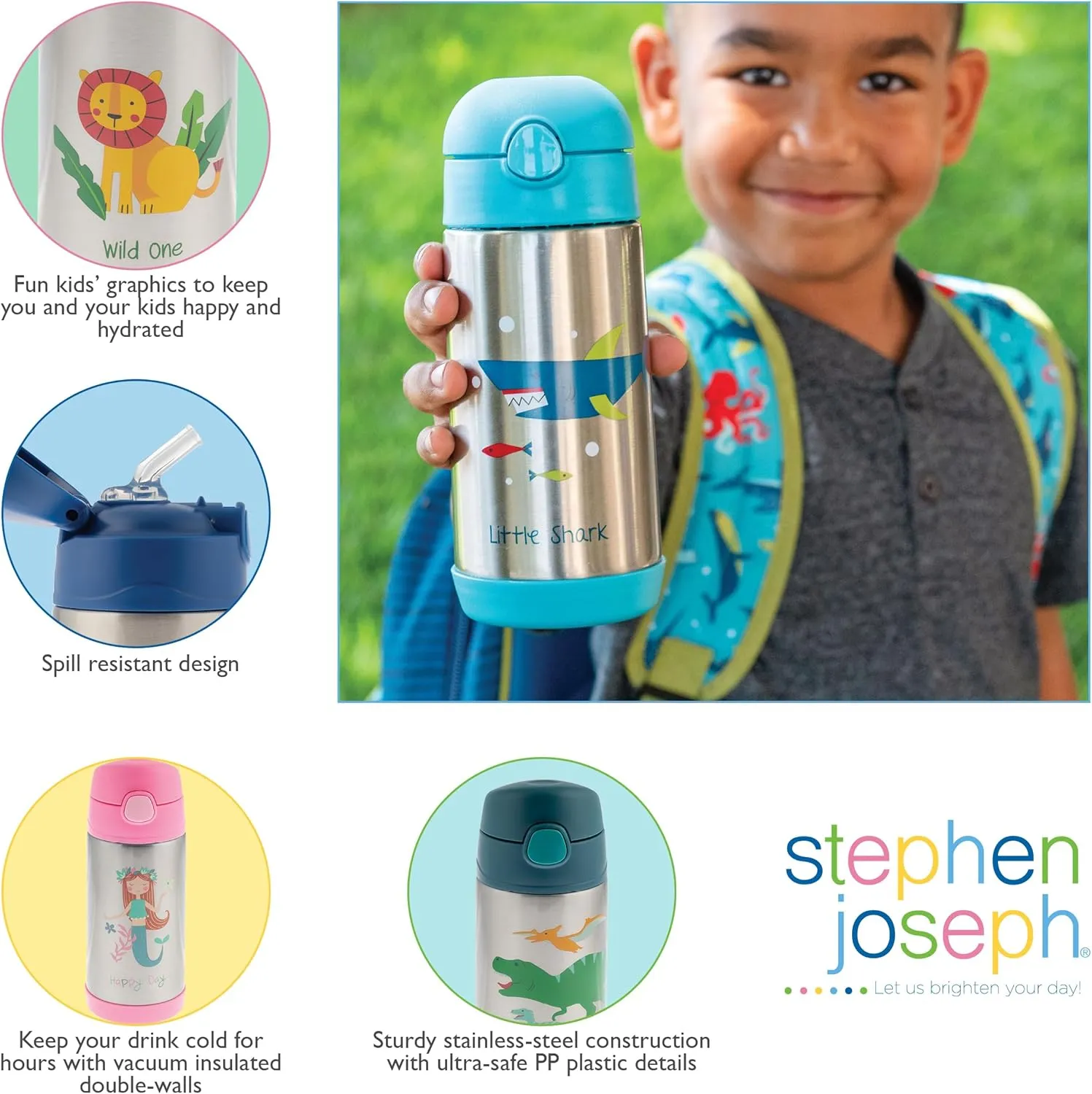 Stephen Joseph Double Wall Stainless Steel Bottles, Insulated Water Bottle for Kids Toddlers, Vacuum Insulated Bottle with Straw, BPA-Free Water Bottle – 11.8 Ounces, Transportation