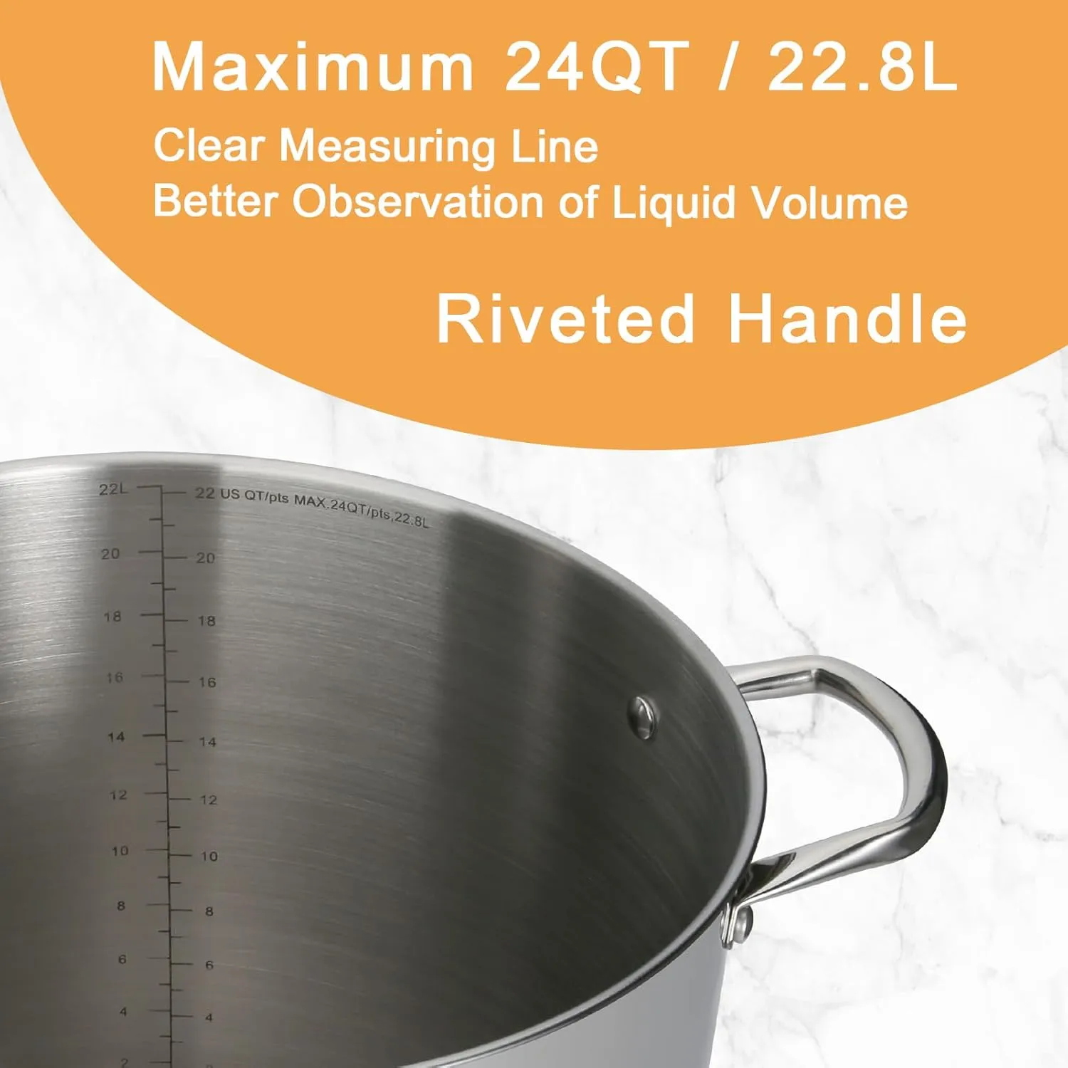 Stock Pot Stainless Steel for Cooking Riveted Handle, Heavy Duty Vessel,Induction Compatible All Cooktops in Use, Dishwasher & Oven Safe (24 Quart)