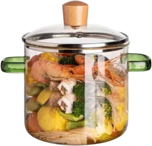 Stockpot in Glass Kitchen Pot with Transparent Saucepan the Best Heat Resistant Handmade Cookware Set for Pasta Noodle, Soup, Milk-2.3Lgreen